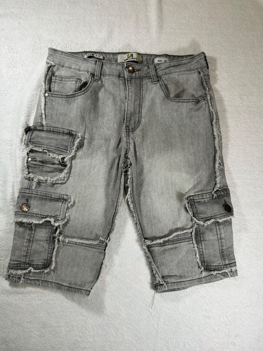 Denim & Rivets Gray Distressed Patchwork Cargo Shorts 30 Grunge Goth Avant Garde